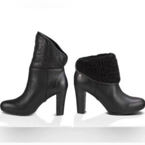 UGG Dandylion Tres Black Leather Knit Ankle Booties Size 7.5 fold down tops